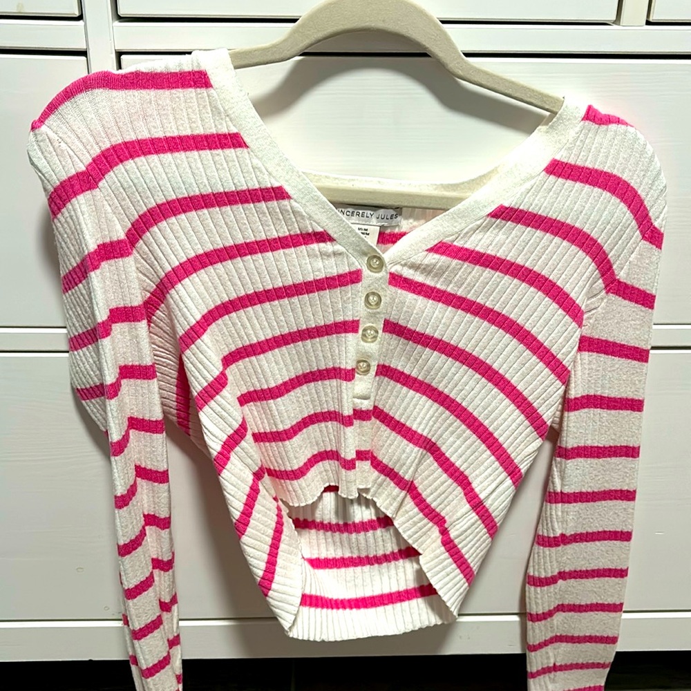 White and pink striped button down shirt